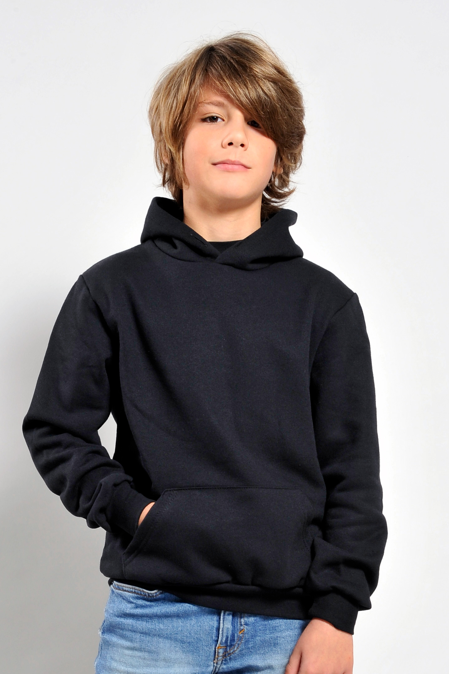 Sudadera de felpa francesa para niños, 70 % algodón, 30 % poliéster, 240 g, negra, XXS