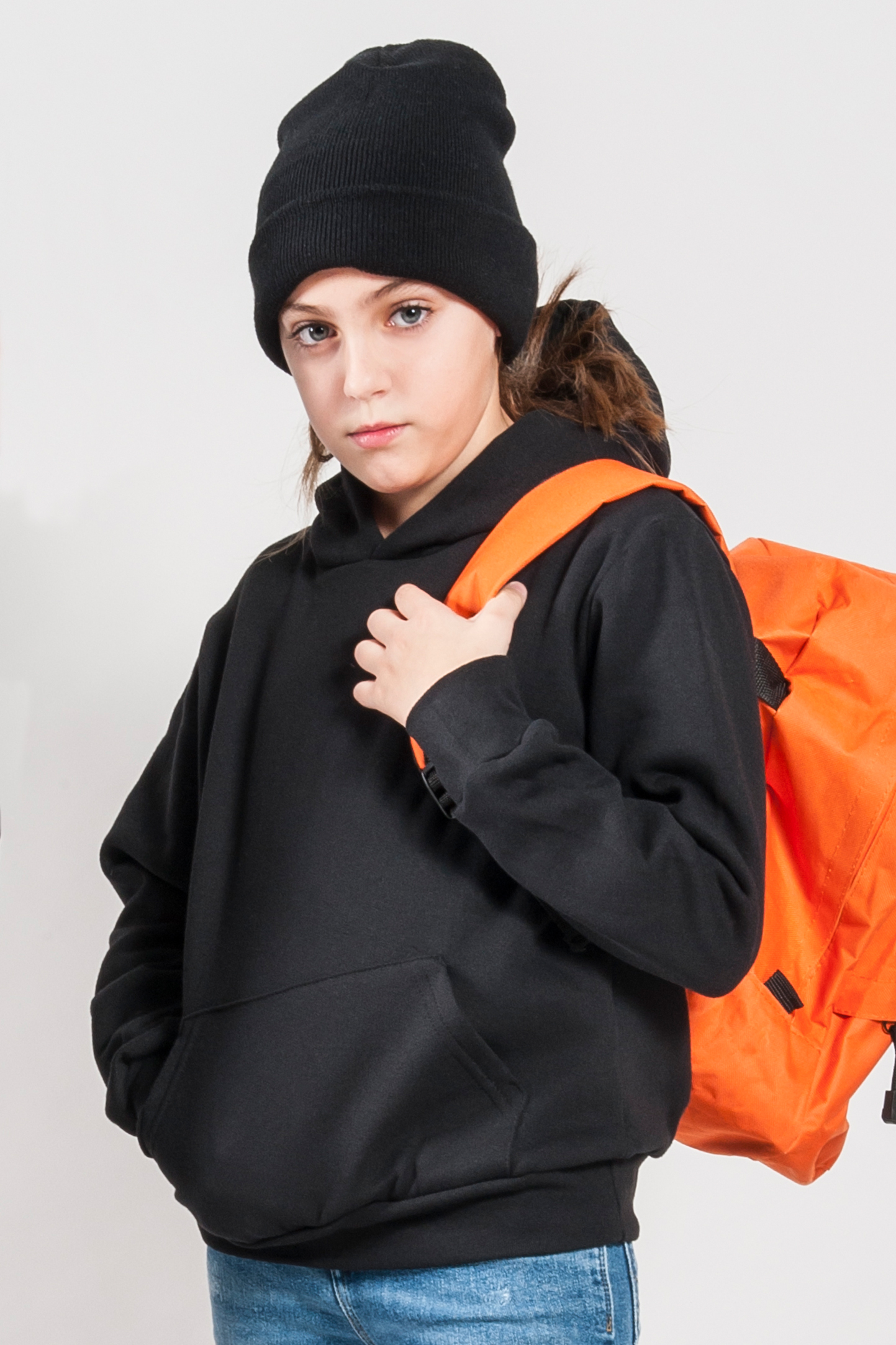 Sudadera con capucha para niños, 70 % algodón/30 % poliéster, 280 g/m², color negro, talla XXS, 1-2 años.