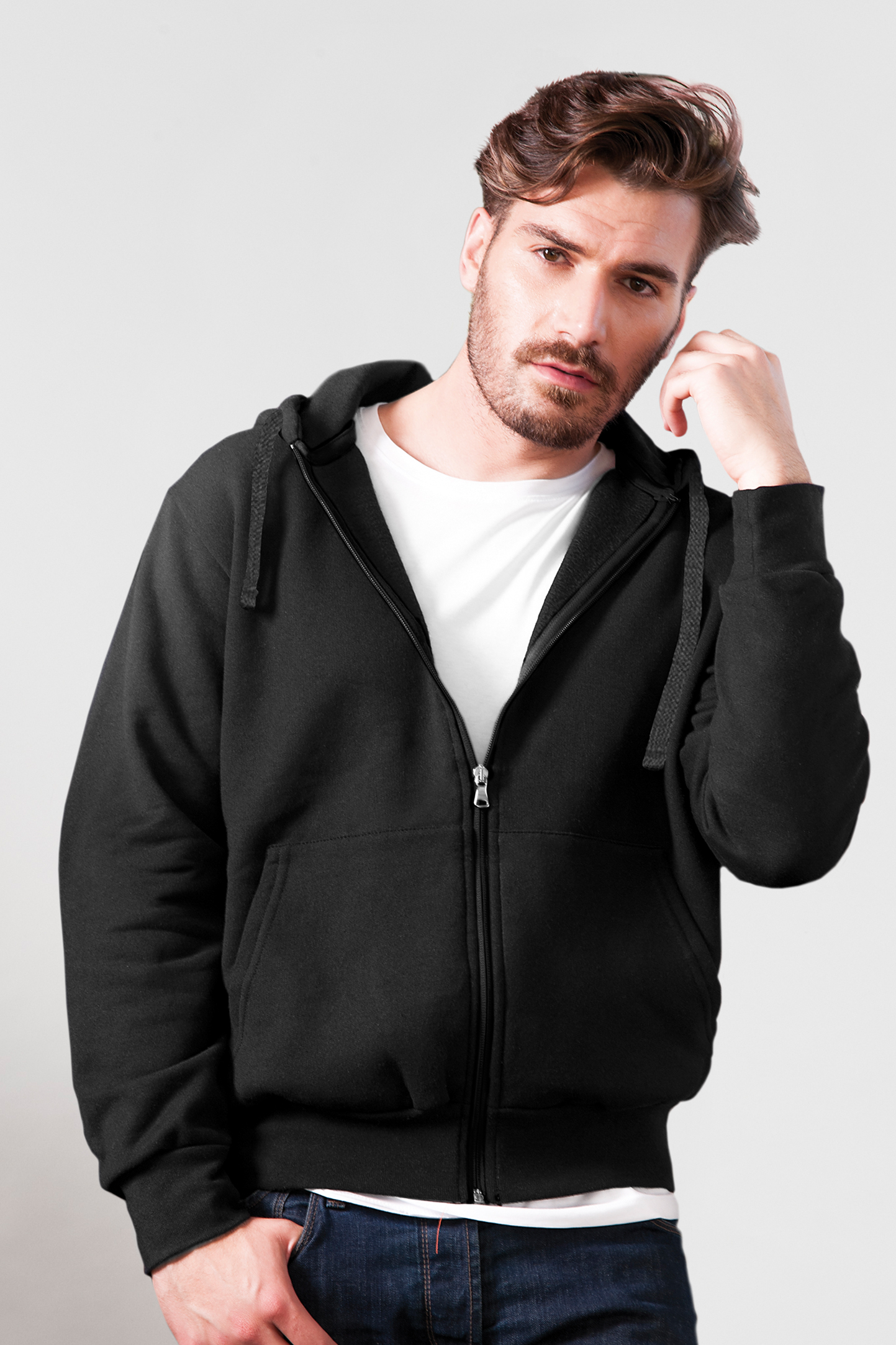 Sudadera con cremallera y capucha, 70 % algodón/30 % poliéster, 280 g/m², color negro, talla XS