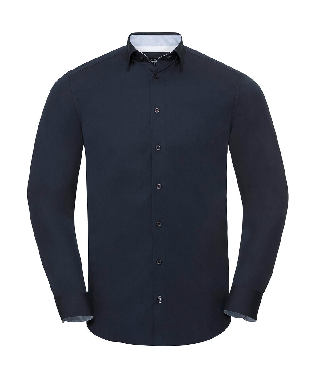 Camisa de manga larga ajustada con contraste y tejido elástico de máxima calidad. - Azul marino brillante/Azul Oxford/Blanco