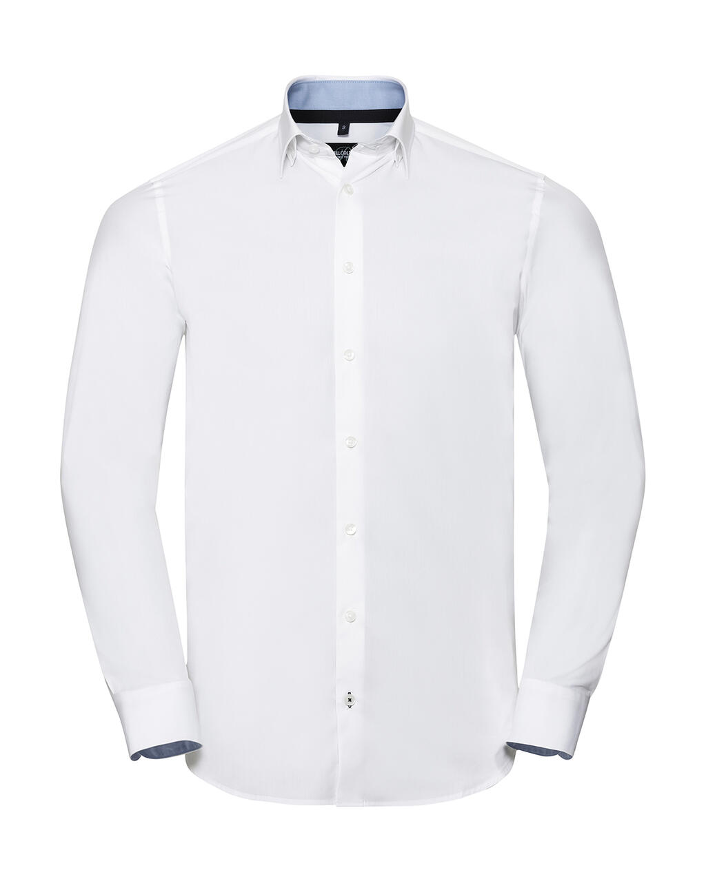 Camisa de manga larga ajustada con contraste y tejido elástico de máxima calidad. - Blanco/Azul Oxford/Azul marino brillante