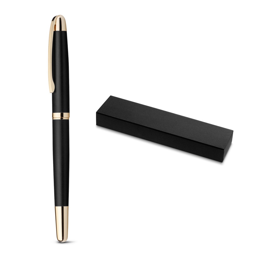 EZEKIEL ROLLER. Bolígrafo roller metálico con detalles dorados.
