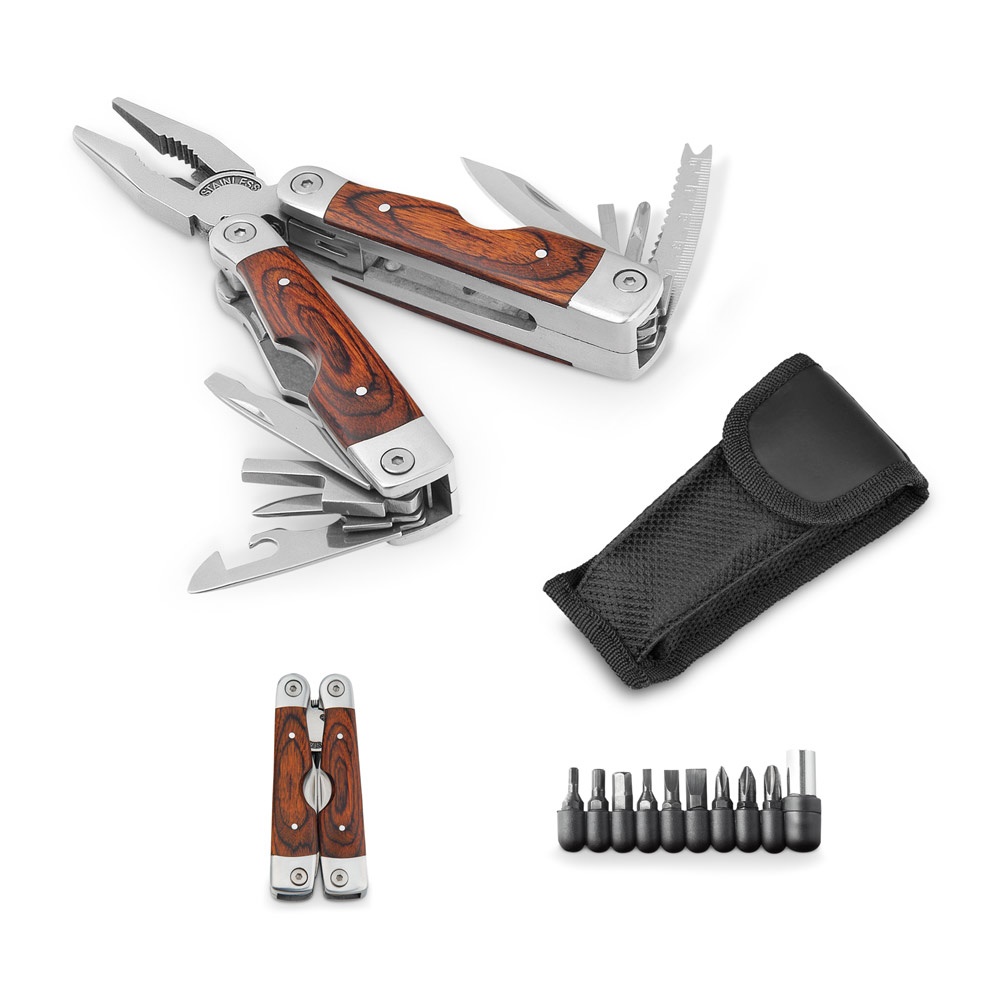 MAGNUM. Alicates plegables con herramientas multifuncionales en acero inoxidable y madera.