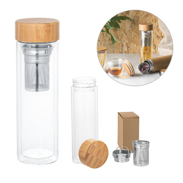 MAKAROVA. Botella de agua de vidrio de borosilicato con infusor, 490 ml.