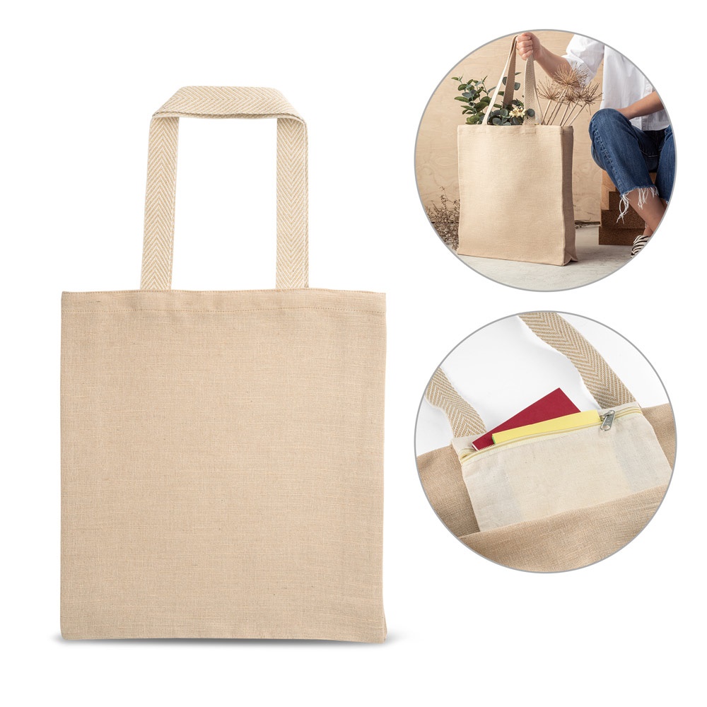 PADUA. Bolsa de juco (275 g/m²) con bolsillo interior 100% algodón (120 g/m²).