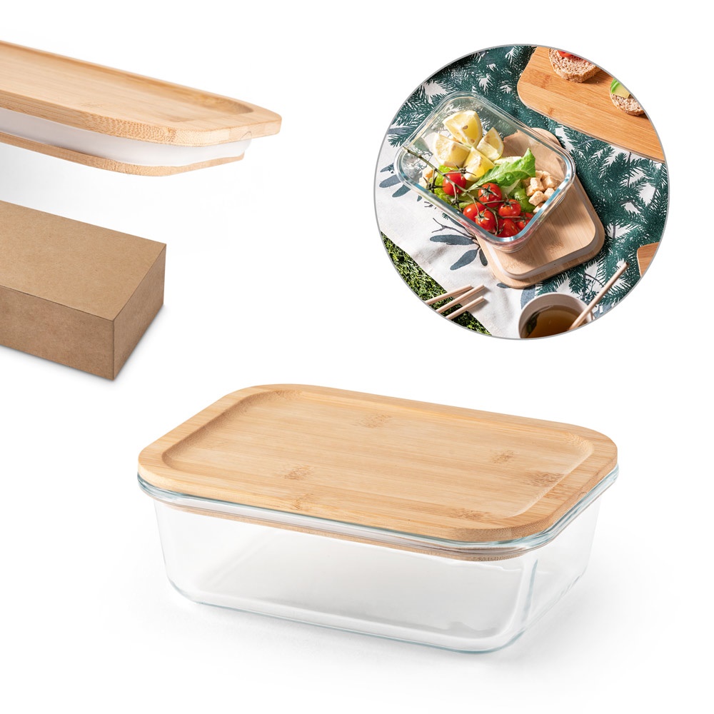PORTOBELLO. Fiambrera. Recipiente hermético de vidrio de borosilicato con tapa de bambú, 1000 ml.