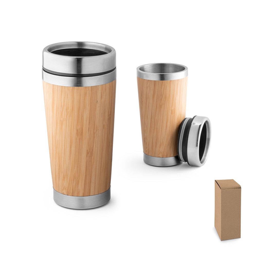 PIETRO. Vaso térmico de viaje de 500 ml de bambú y acero inoxidable.