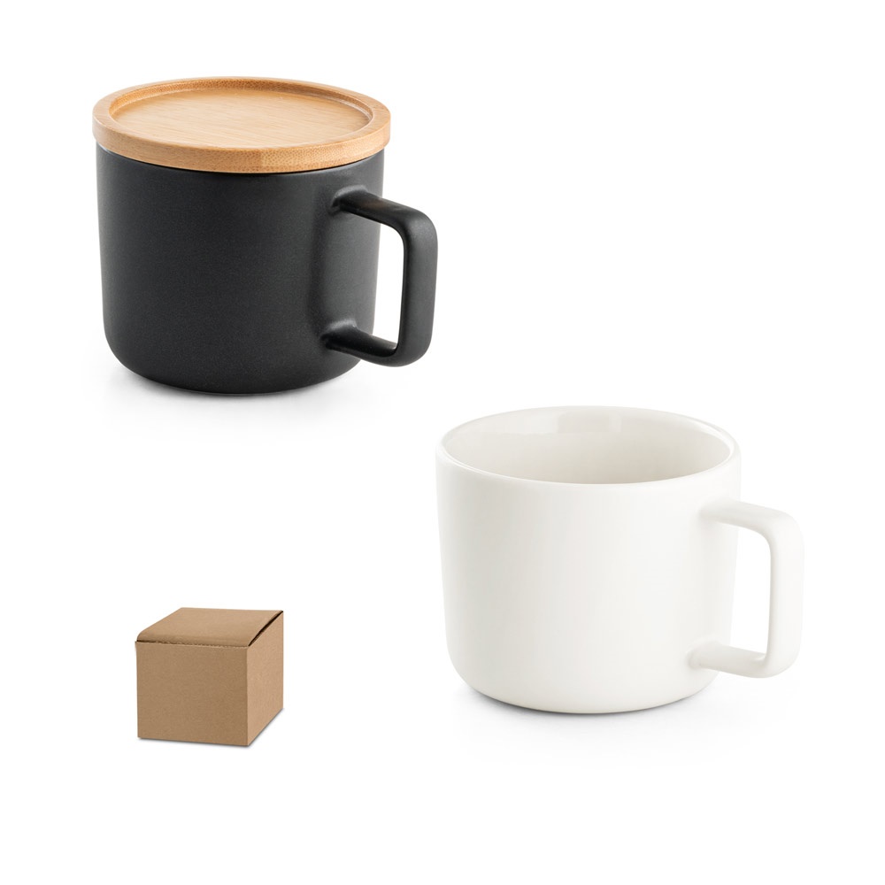 FANGIO. Taza de cerámica de 220 ml con tapa y base de bambú.