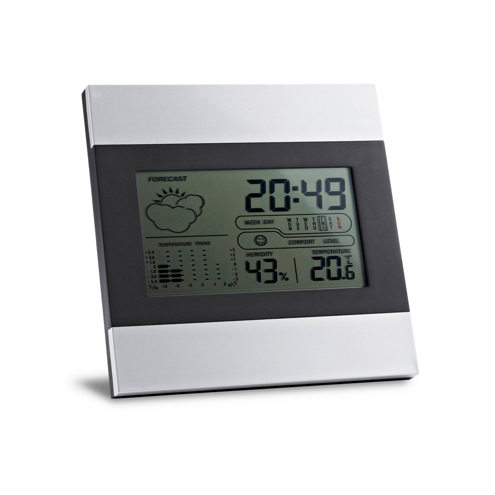 DENE. Estación meteorológica de sobremesa con pantalla LCD, fabricada en aluminio y ABS.