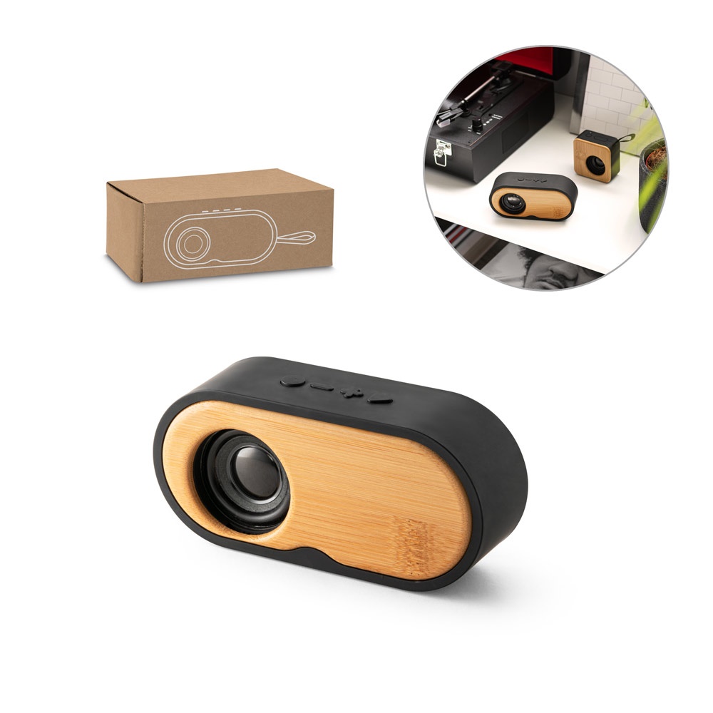 TILLY. Altavoz portátil de 3 W con 5 horas de autonomía, fabricado con bambú y ABS reciclado (100 % rABS).