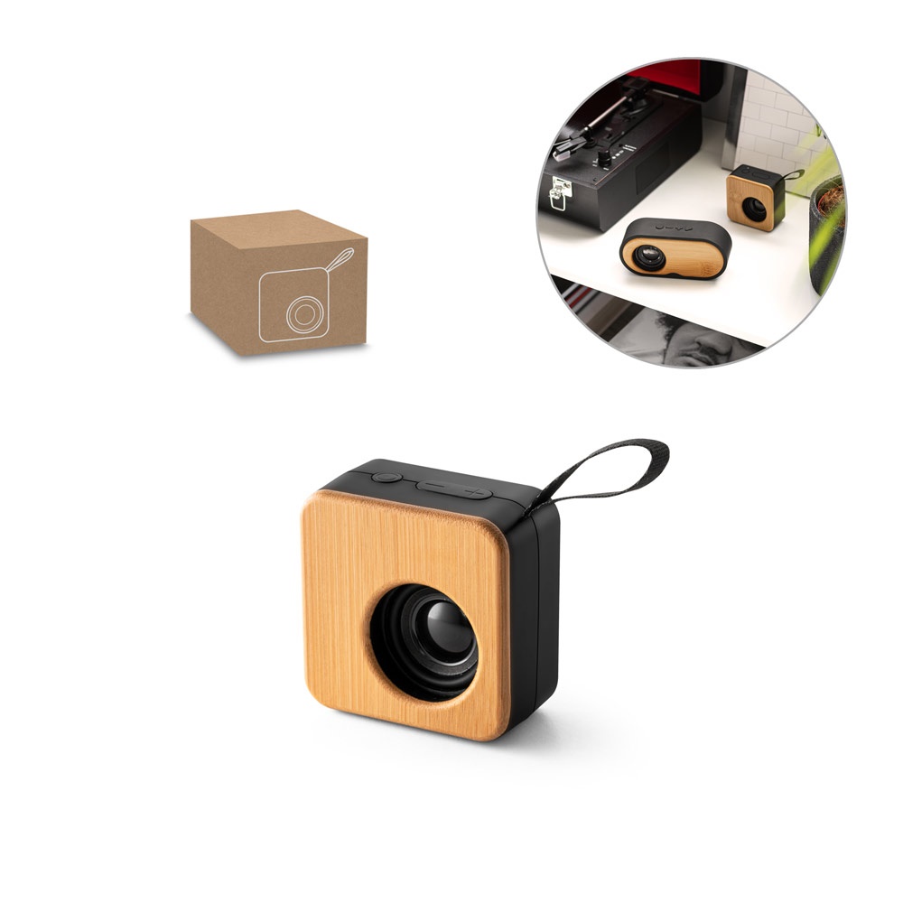 MAYER. Altavoz portátil de 3 W con 4 horas de autonomía, fabricado con bambú y ABS reciclado (100 % rABS).