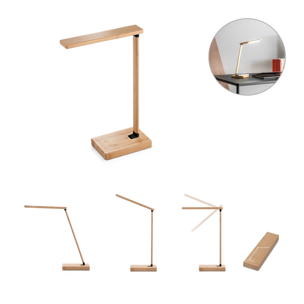 MOREY. Lámpara de mesa plegable de bambú con cargador inalámbrico ultrarrápido de 15 W.
