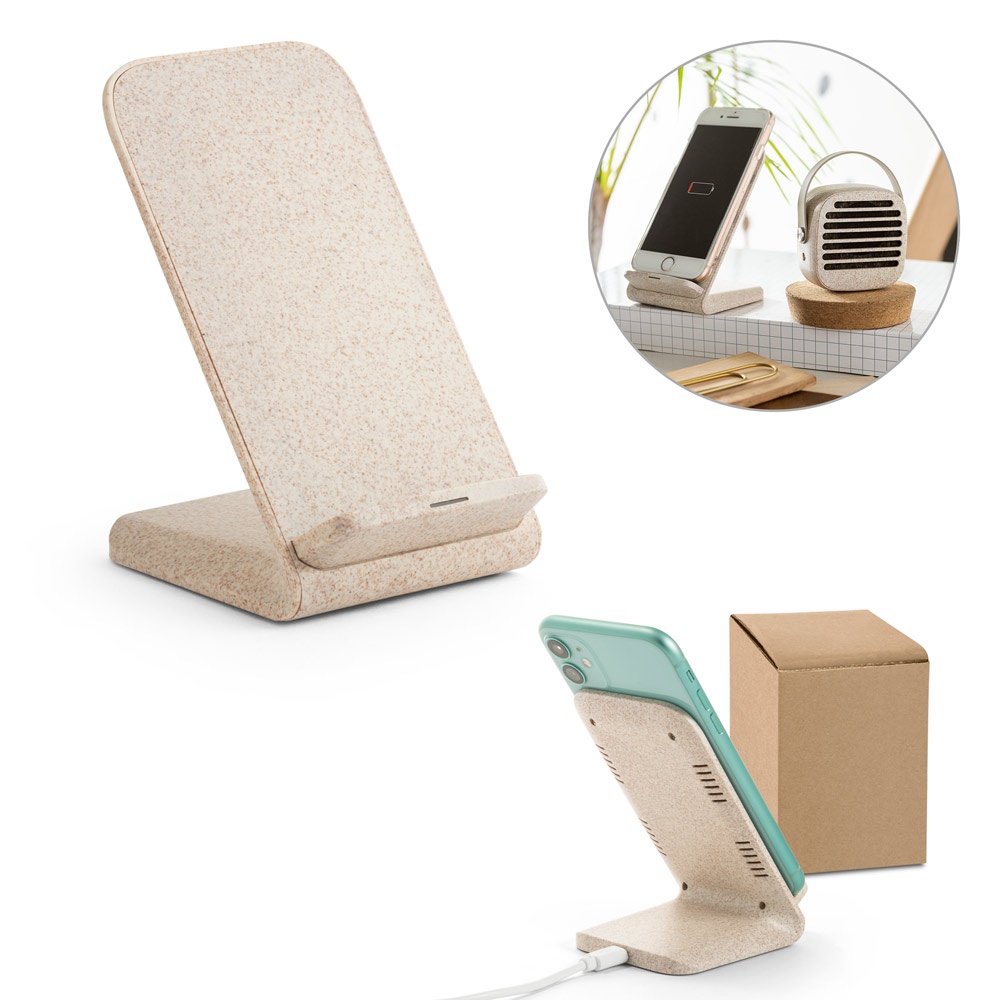ENGLERT. Soporte para smartphone con cargador inalámbrico rápido de 10 W fabricado con ABS reciclado (70 % rABS) y fibra de paja.