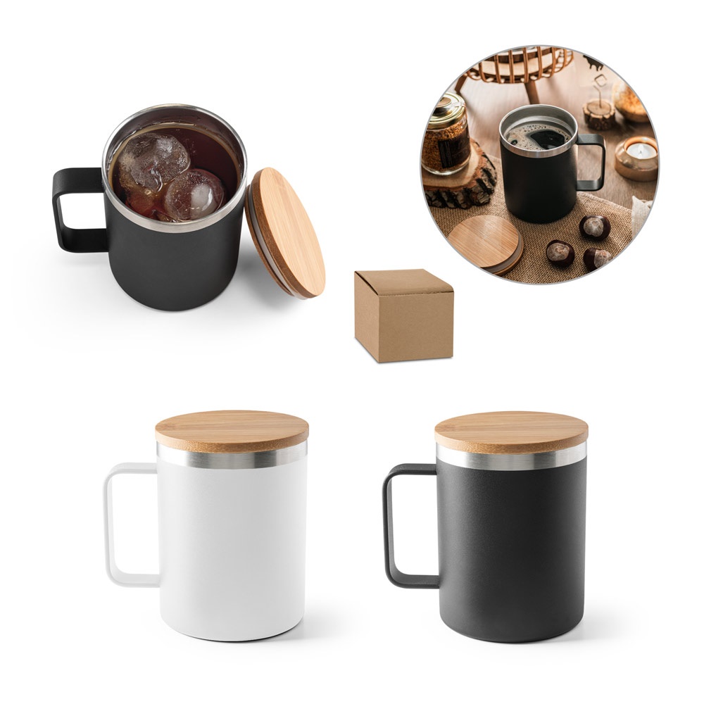 LAUDA. Taza de acero inoxidable 90% reciclado con tapa de bambú, 420 ml.