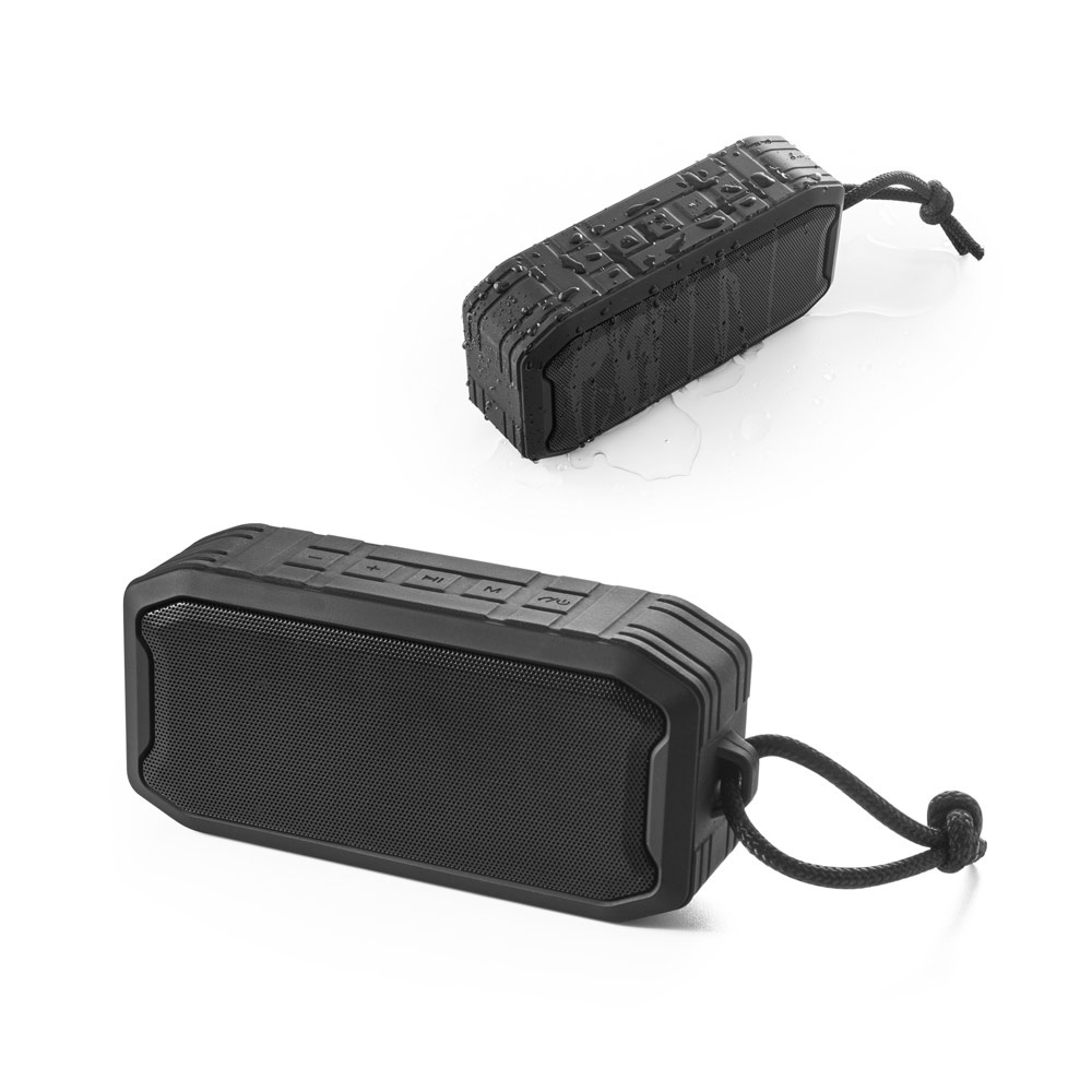 SHEERAN. Altavoz portátil de 10 W con protección IPX7 y 9 horas de autonomía, fabricado con ABS reciclado.