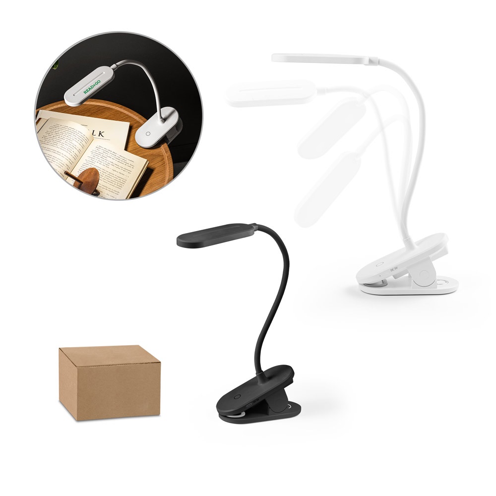 NESBIT II. Lámpara de mesa portátil con clip y una autonomía de batería de 30 horas al 65 % de rABS.