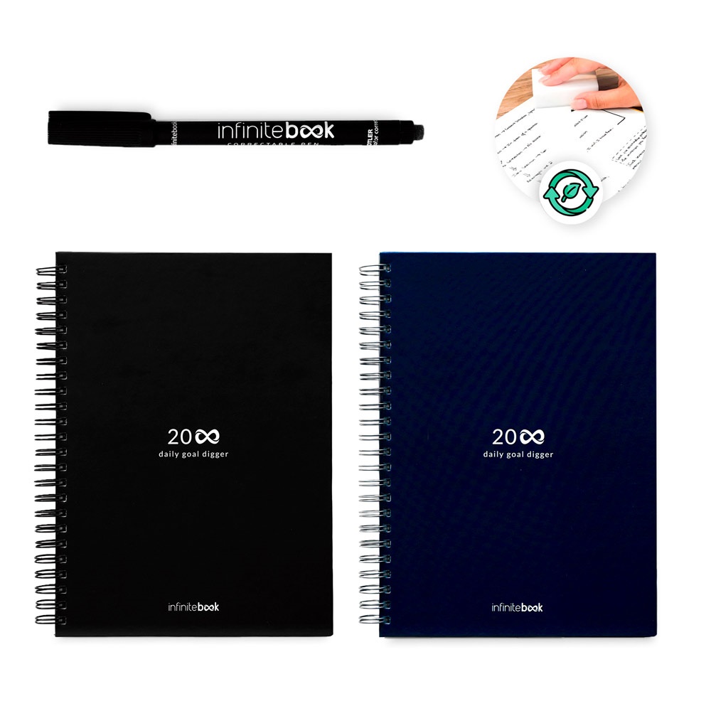 KIT DE INICIO PARA AGENDA INFINITA A5. El set incluye una "Agenda Infinita", un kit de limpieza, un rotulador y un portalápices.