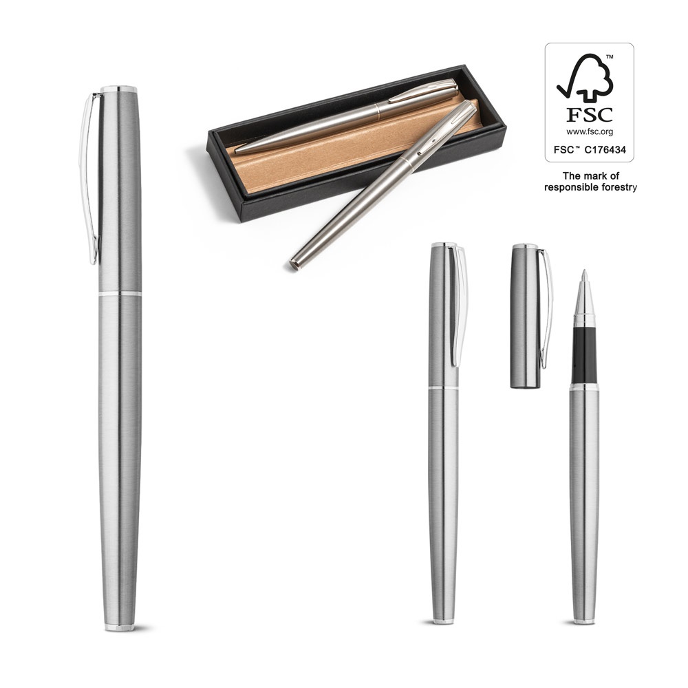 ELLA. Juego de bolígrafo y rollerball con cuerpo y clip de acero inoxidable (53% rSS).