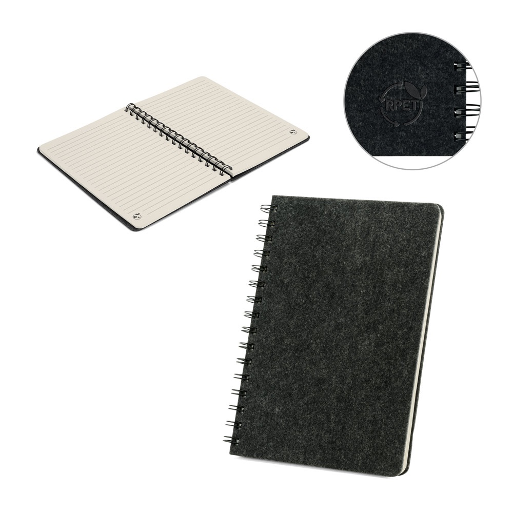 MISHIMA. Cuaderno A5 con tapa semirrígida de fieltro reciclado (100% rPET), con espiral y páginas rayadas.
