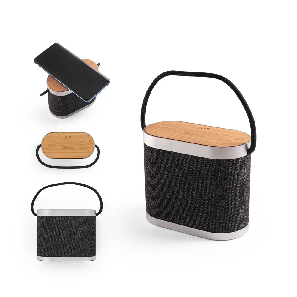 GUETTA. Altavoz portátil de 5 W con carga inalámbrica ultrarrápida de 15 W y 2 horas de autonomía, fabricado con bambú y PET reciclado (100 % rPET).
