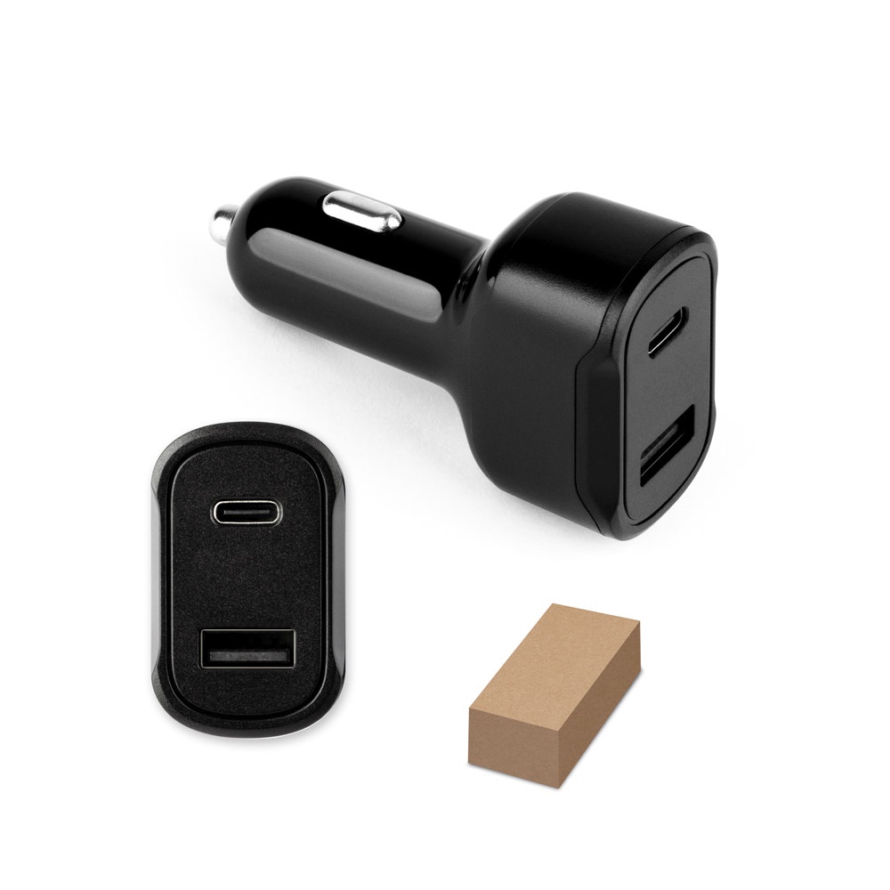 DIRAC. Adaptador para encendedor de cigarrillos con puertos USB-A de 18 W y USB-C de 20 W, fabricado en ABS reciclado (100 % rABS).