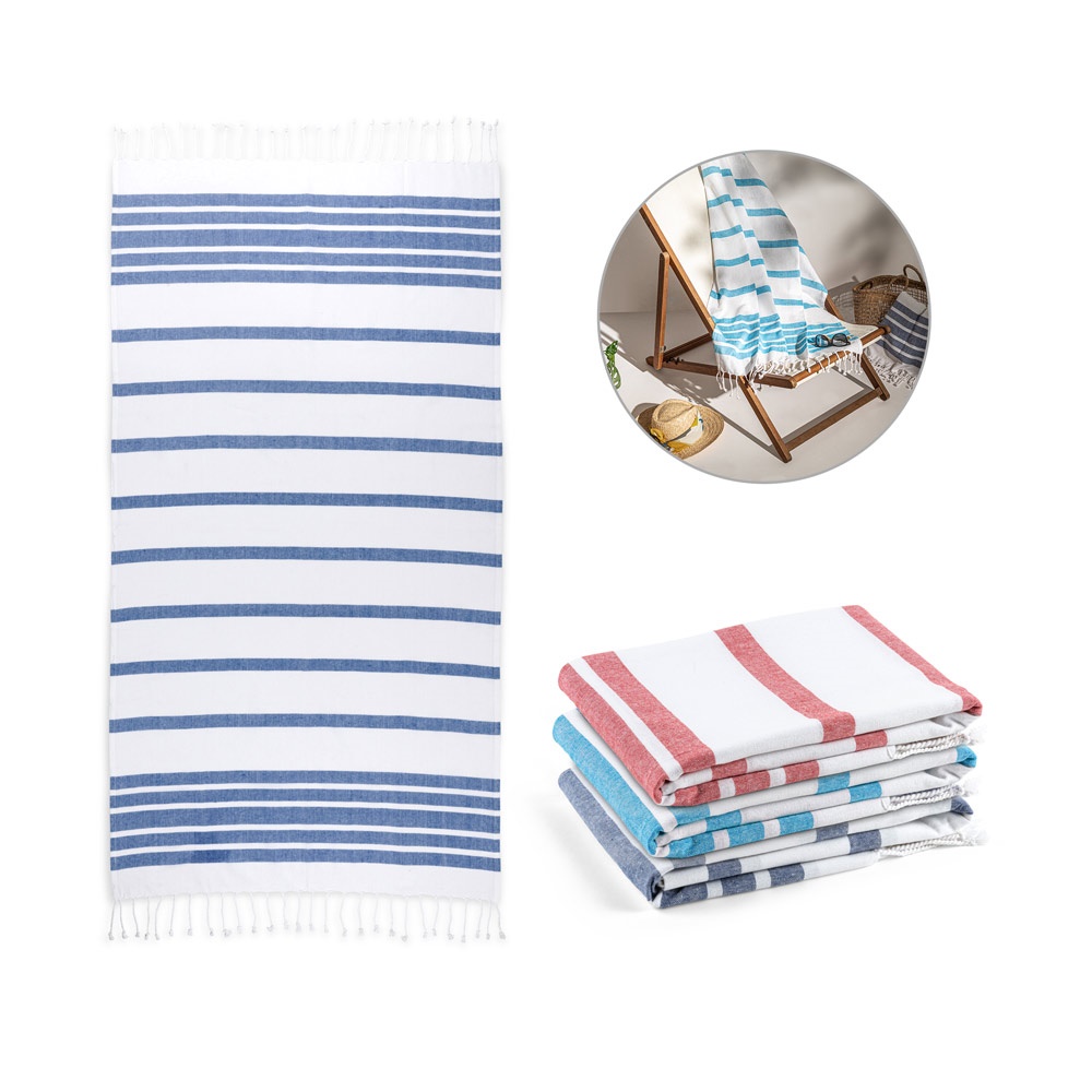 SARDENHA. Toalla de playa fabricada con un 70 % de algodón reciclado y un 30 % de poliéster reciclado (180 g/m²).