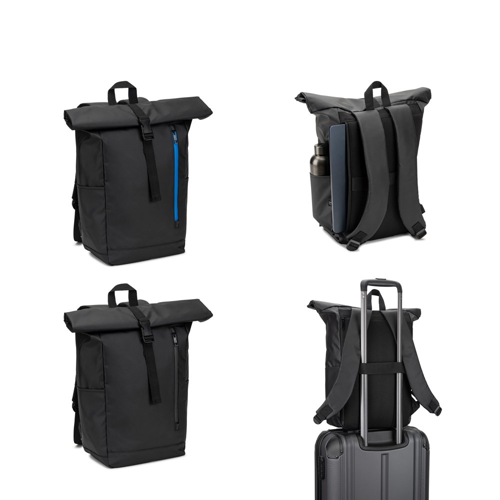 OSASCO BPACK. Mochila con sistema de cierre enrollable y cremallera que permite enrollar la parte superior para ajustarla al volumen de la mochila, fabricada en poliéster reciclado 600D.