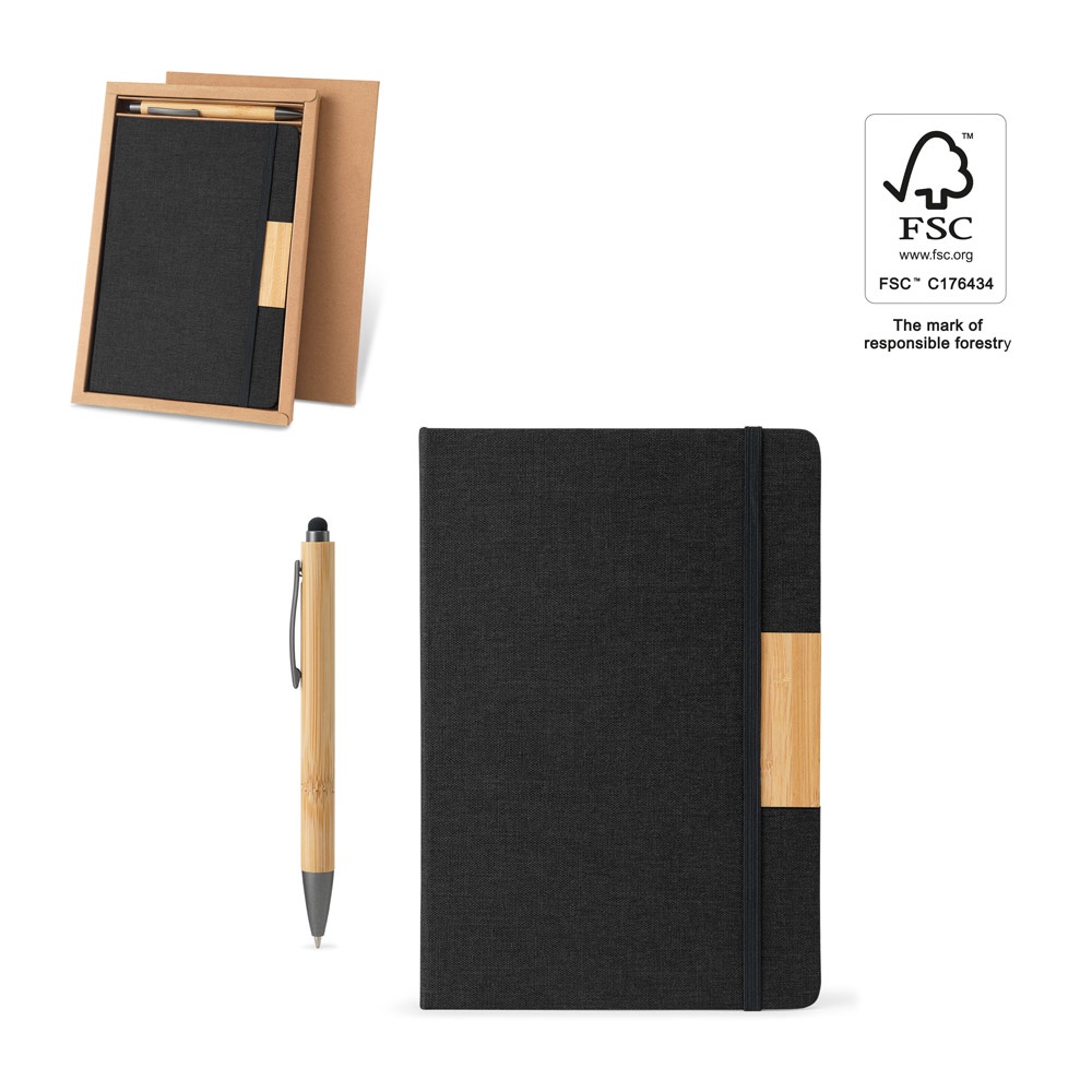 HOMERO. Set compuesto por un cuaderno de tapa dura tamaño A5 y un bolígrafo de bambú.