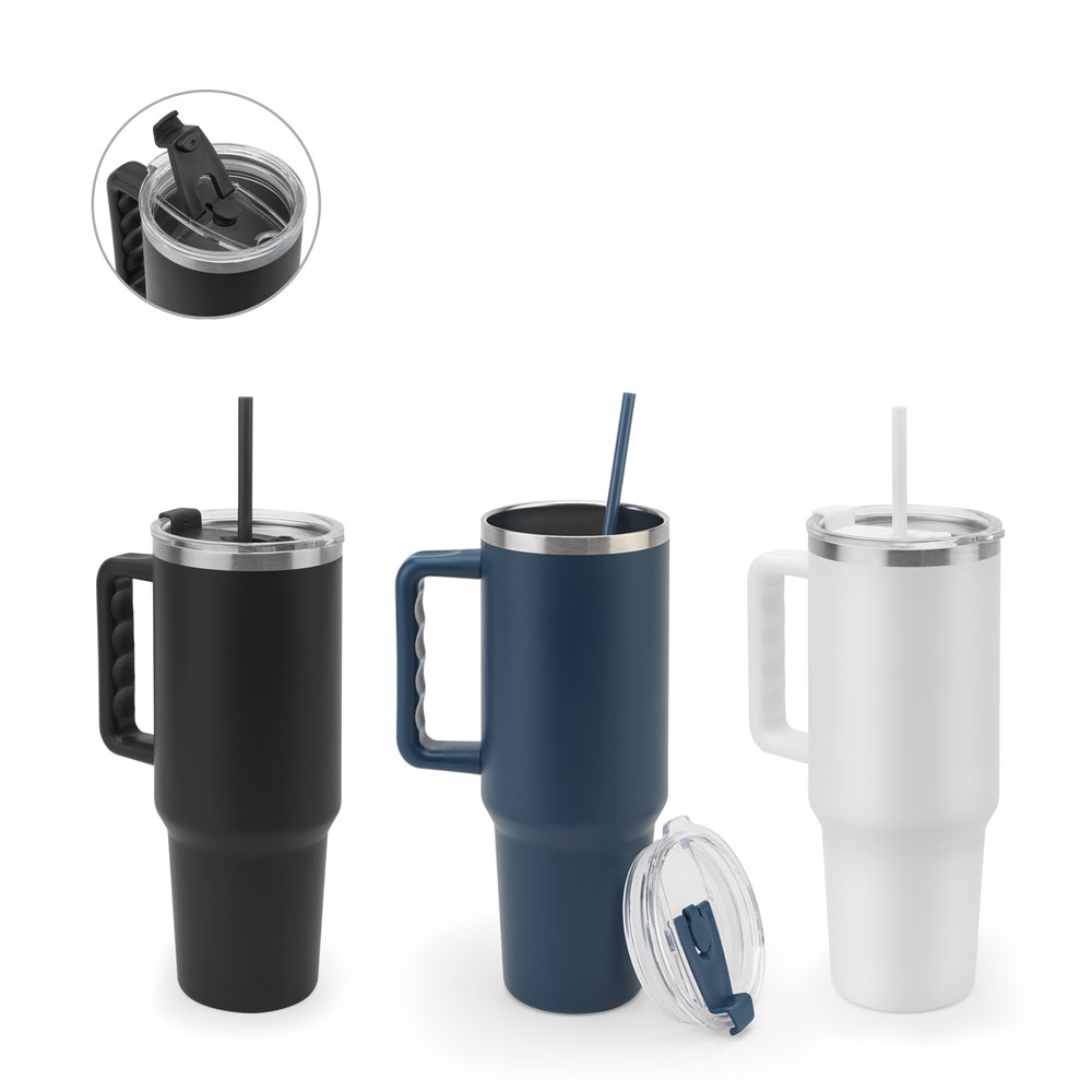 JOYNER XL. Taza de viaje grande fabricada en acero inoxidable (91% reciclado) con aislamiento al vacío de doble pared y acabado mate, 1300 ml.