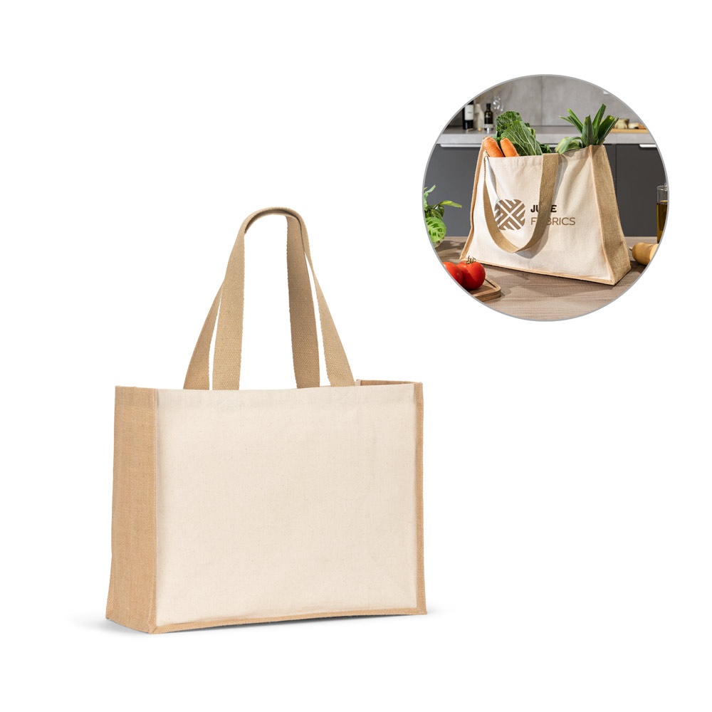 HELSINQUE. Bolsa de lona (320 g/m²), con base y laterales de yute laminado (350 g/m²) en tonos naturales.