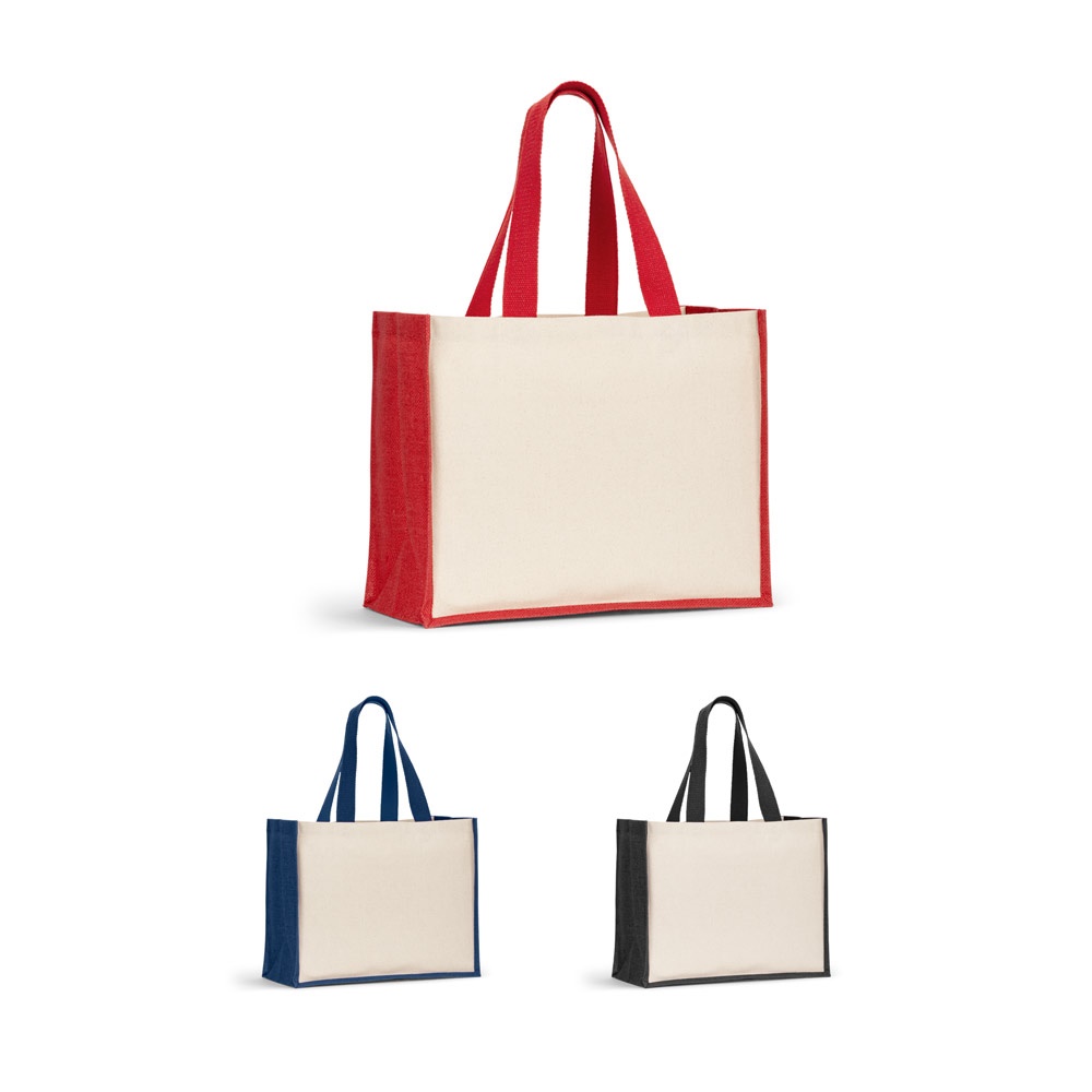 COLOR HELSINQUE. Bolsa de lona (320 g/m²), con base y laterales de yute laminado de color (350 g/m²).