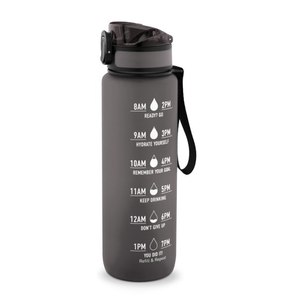 ERIKSSON. Botella de agua de PET reciclado (100 % rPET), con frases motivadoras y marcas de tiempo para fomentar el consumo de agua. - 103 - Negro