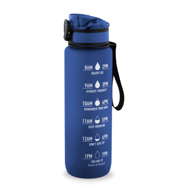 ERIKSSON. Botella de agua de PET reciclado (100 % rPET), con frases motivadoras y marcas de tiempo para fomentar el consumo de agua. - 104 - Azul