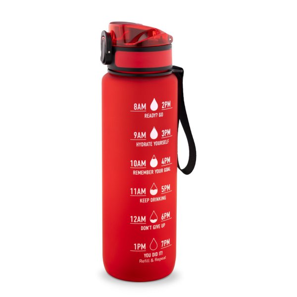ERIKSSON. Botella de agua de PET reciclado (100 % rPET), con frases motivadoras y marcas de tiempo para fomentar el consumo de agua. - 105 - Rojo