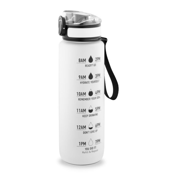 ERIKSSON. Botella de agua de PET reciclado (100 % rPET), con frases motivadoras y marcas de tiempo para fomentar el consumo de agua. - 106 - Blanco