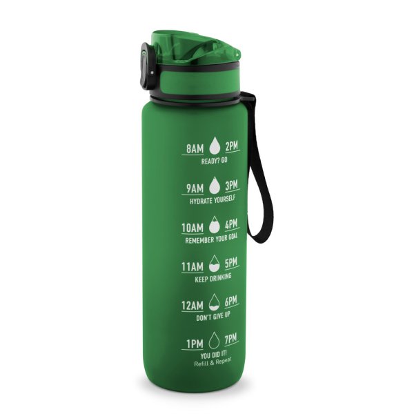 ERIKSSON. Botella de agua de PET reciclado (100 % rPET), con frases motivadoras y marcas de tiempo para fomentar el consumo de agua. - 109 - Verde