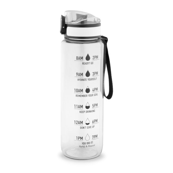 ERIKSSON. Botella de agua de PET reciclado (100 % rPET), con frases motivadoras y marcas de tiempo para fomentar el consumo de agua. - 110 - Transparente