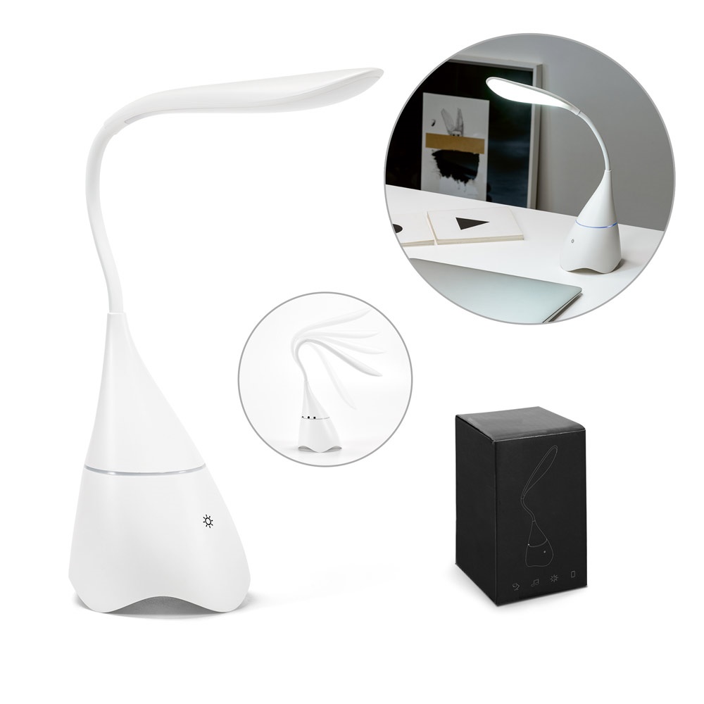 GRAHAME. Lámpara de mesa portátil con altavoz y 5 horas de autonomía, fabricada con ABS reciclado (100% rABS).