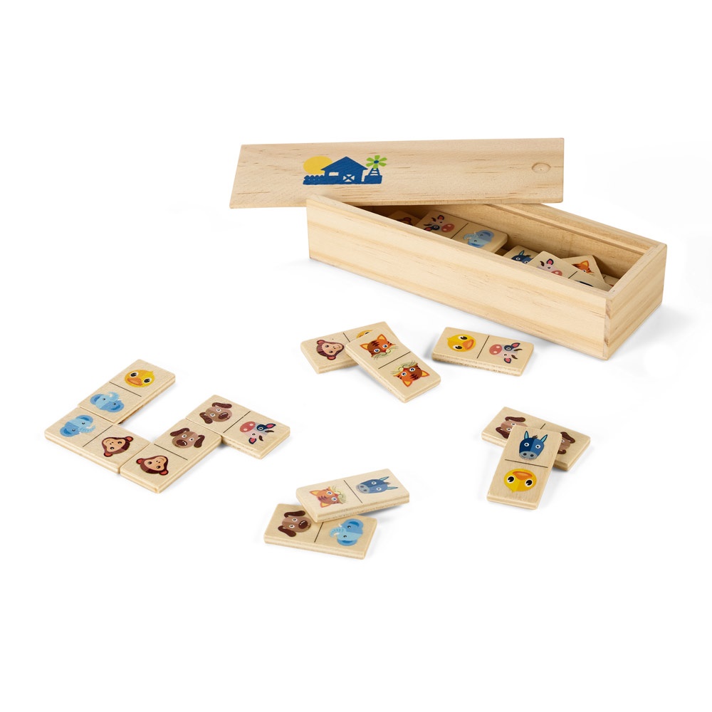 DOMIN. Juego de dominó de madera para niños. 28 piezas con figuras de animales.